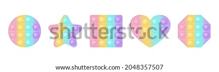 Set of 5 forms pop it a fashionable silicon toys for fidgets. Addictive anti-stress toy in pastel colors. Bubble sensory developing popit for kids. Vector illustration isolated on a white background. Royalty-Free Stock Photo #2048357507