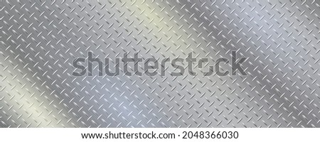 Diamond pattern metal plate. Texture with reflective stainless steel. Gray iron gradient vector illustration.