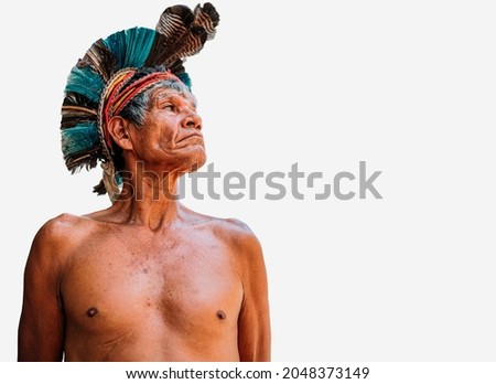 Indian from the Pataxó tribe, with feather headdress. Elderly Brazilian Indian looking to the right Royalty-Free Stock Photo #2048373149