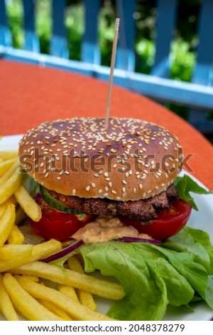 Homemade meat burger served outdoor with french fried potato and salad
