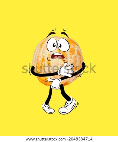Funny cute orange fruit without peel is shying isolated over yellow background. Drawn citrus in a cartoon style. Vitamins, healthy lifestyle. Concept of funny meme emotions, ad