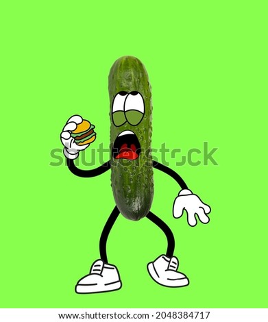 Junk food. Funny cute green cucumber eating hamburger isolated over green background. Drawn vegetable in a cartoon style. Vitamins, vegan. Concept of funny meme emotions, healthy food concept
