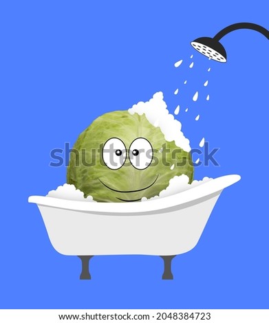Bath day. Contemporary art collage. Cute happy pleased cabbage taking bath with soap foam isolated over blue background. Drawn vegetables in a cartoon style. Funny meme emotions.