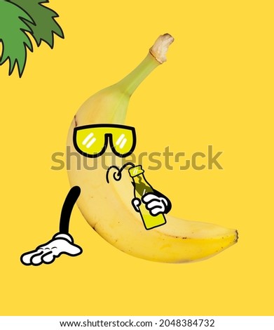 Funny cartoony banana drinking lemonade at summer vacation isolated over yellow background. Drawn fruit in cartoon style. Vitamins, holiday, humor. Concept of funny meme emotions, ad
