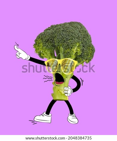 Contemporary art collage. Funny shouting broccoli isolated over purple background. Drawn vegetables in a cartoon style. Concept of funny meme emotions, humor. Copy space for ad