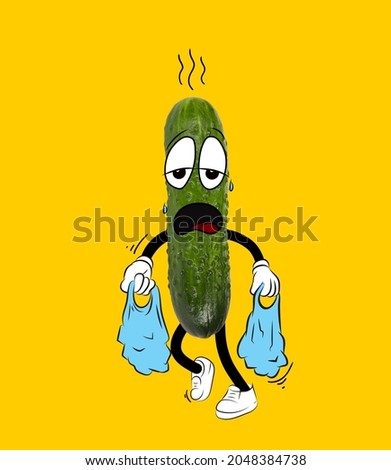 Heavy shopping. Funny cute green cucumber like little man standing isolated over yellow background. Drawn vegetable in a cartoon style. Vitamins, vegan. Concept of funny meme emotions, healthy food