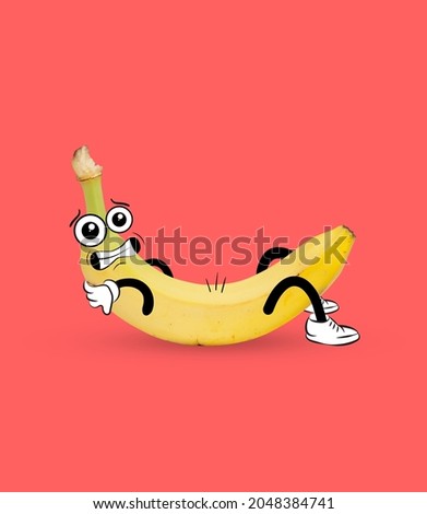 Funny cute yellow banana, dude pumps press isolated over coral background. Drawn fruit in a cartoon style. Vitamins, sport. Concept of funny meme emotions, healthy food concept