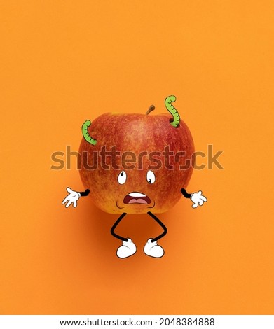 Looks unhappy. Contemporary artwork. Cute sad red apple thinking isolated over orange background. Drawn fruit in a cartoon style. Vitamins, mental health. Concept of funny meme emotions