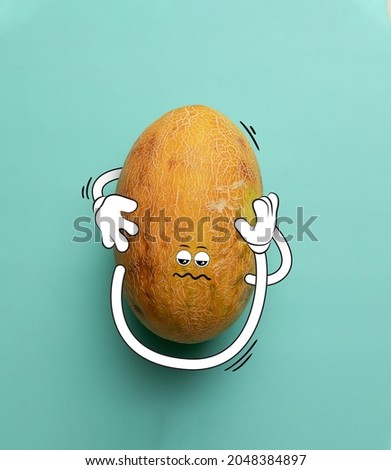 Contemporary artwork. Cute sad yellow watermelon thinking isolated over blue background. Drawn fruit in a cartoon style. Vitamins, mental health. Concept of funny meme emotions, healthy food concept
