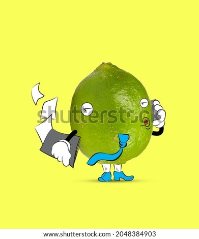 Contemporary collage. Like businessman. Funny cute green lime talking on phone isolated over yellow background. Drawn citrus in a cartoon style. Concept of funny meme emotions, ad