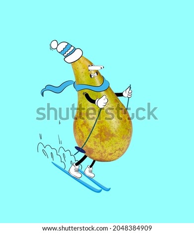 Crazy joyriding. Funny cute pear skiing isolated over blue background. Drawn fruit in a cartoon style. Concept of funny meme emotions, healthy active lifestyle, hobby, sport concept