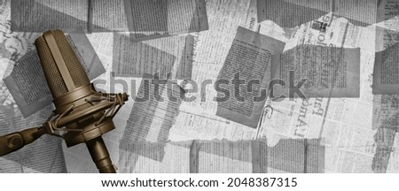 Podcast story background. Banner with studio microphone and blurred book pages with copy space
