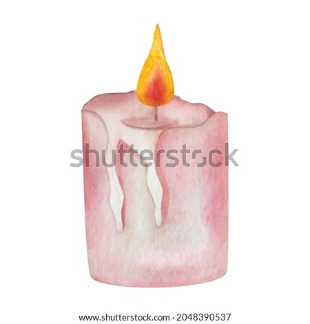 Watercolor illustration hand painted wax pink red candle with yellow fire on the wick isolated on white. Illumination clip art element for cozy autumn, winter evenings, design postcards, posters