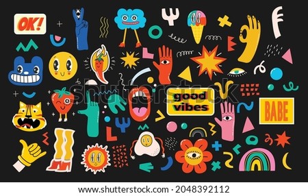 Hand drawn Vector illustrations of Set of Various patches, pins, stamps or stickers with abstract funny cute comic characters. Royalty-Free Stock Photo #2048392112
