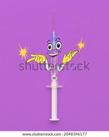 Children treatment. Making painless injections. Contemporary artwork of syringe with happy cartoon face isolated over purple background. Concept of healthcare, treatment, medicine. Copy space for ad