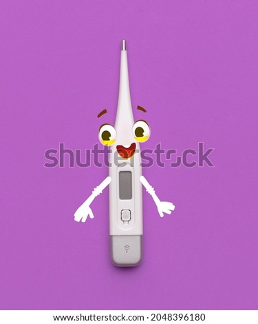Measuring body temperature. Creative artwork of thermometer with funny cartoon eyes isolated over purple background. Concept of healthcare, treatment, medicine. Copy space for ad