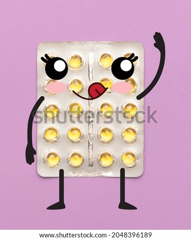 Vitamins, pill treatment, painkiller. Art collage of medical pills blister with cartoon drawn eyes isolated over pink background. Concept of healthcare, treatment, medicine. Copy space for ad