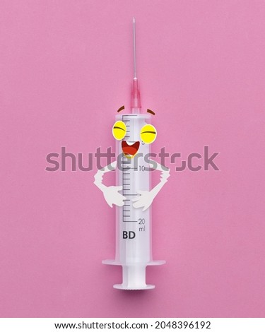 Not scary injections. Keeping healthy. Creative artwork, collage of syringe with cartoon face isolated over pink background. Concept of healthcare, treatment, medicine. Copy space for ad