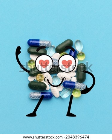 Monitoring health. Taking vitamins. Contemporary art collage of health vitamins with cartoon drawings isolated over blue background. Concept of healthcare, treatment, medicine. Copy space for ad