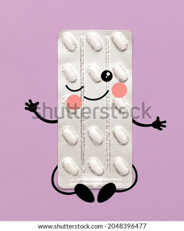 Illness treatments, maintaining health. Creative artwork of pill blister isolated over pink background. Cartoon drawings. Concept of healthcare, treatment, medicine. Copy space for ad