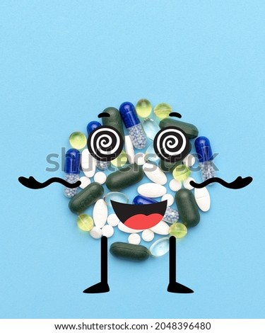Monitoring health. Taking vitamins. Contemporary art collage of health vitamins with cartoon drawings isolated over blue background. Concept of healthcare, treatment, medicine. Copy space for ad