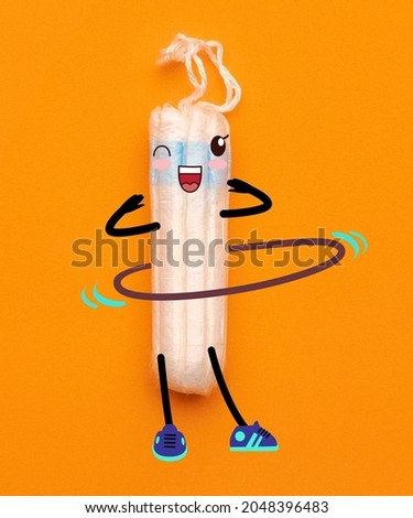 Women health care and comfort menstruation. Free movement. Art collage of tampon with cartoon drawings isolated over orange background. Concept of healthcare, treatment, medicine. Copy space for ad