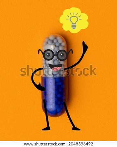 Vitamins and painkiller. No headache and pains. Creative artwork of capsule pill with cartoon drawnings isolated over orange background. Concept of healthcare, treatment, medicine. Copy space for ad