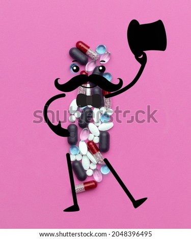 Maintaining health. Taking vitamins. Contemporary artwork of health vitamins, pills with cartoon drawings isolated over blue background. Concept of healthcare, treatment, medicine. Copy space for ad