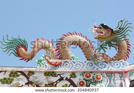 Dragon sculpture in Chinese temple on blue sky background,Thailand.