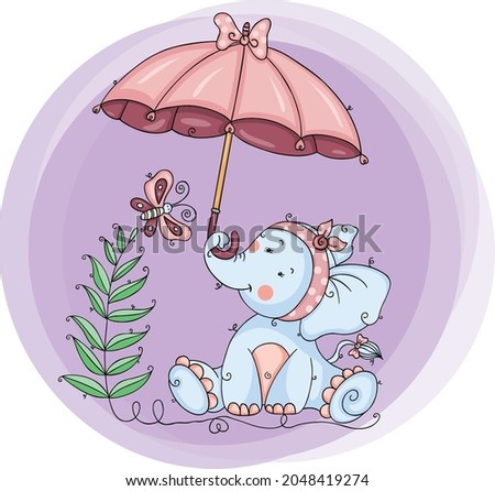 Round illustration with cute elephant with funny umbrella and butterfly