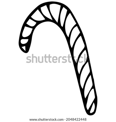 Vector image of a Christmas candy cane. The silhouette is a black outline. Design of posters, postcards, stickers, logos.