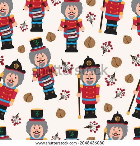 Seamless Christmas Pattern with Nutcracker, Walnuts and Berries