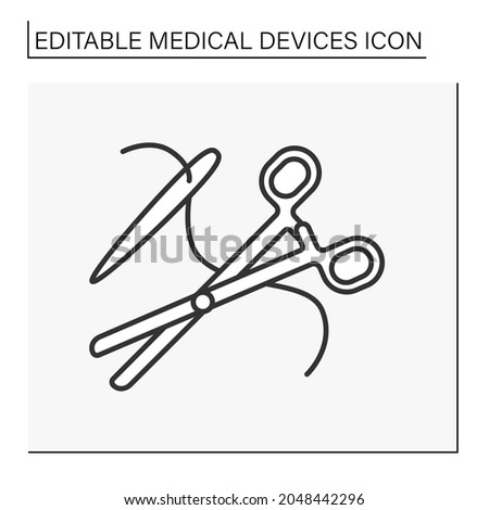  Medical clamps line icon. Surgical instruments.Device for compressing a part or structure. Scissors and needle.Medical devices concept. Isolated vector illustration. Editable stroke