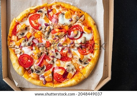 vegetable pizza tomato, pepper, onion, mushroom, corn fresh  meal snack on the table copy space vegetarian food background rustic 