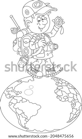 Cheerful tourist with his backpack for traveling, waving his hand in greeting and walking on a spinning globe, black and white outline vector cartoon illustration for a coloring book page