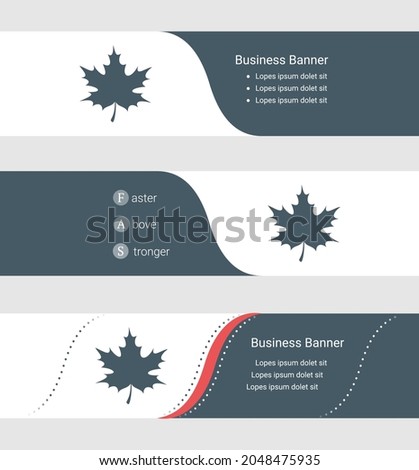 Set of blue grey banner, horizontal business banner templates. Banners with template for text and maple leaf. Classic and modern style. Vector illustration on grey background