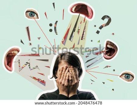 Collage with a woman covering her face and screaming mouths. Bullying, abuse, harassment. Concept. Royalty-Free Stock Photo #2048476478