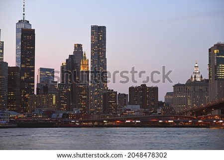 Lower Manhattan Skyline at night. Skyscrapers became signature of New York skyline