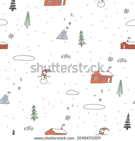 Christmas seamless pattern with Christmas trees, cute houses, funny snowman