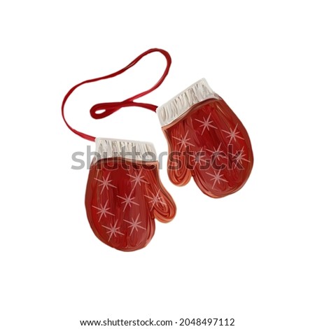 Warm red festive mitten with white snowflake decoration.Cozy seasonal accessory. Hand painted water color  illustration on  white background, cutout.