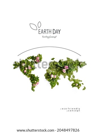 Environmentally friendly planet Poster. Earth day. The map of the world made from green leaves and branches. Minimal nature concept. Think Green. Ecology Concept. Top view. Flat lay. Royalty-Free Stock Photo #2048497826