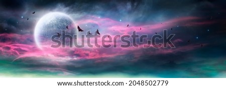 Moon In Spooky Night - Halloween Background With Clouds And Bats Royalty-Free Stock Photo #2048502779
