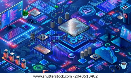 Hardware and software computer technology background. Isometric elements of development, engineering electronics systems and devices. Design, programming or coding of microcontrollers or chips. Royalty-Free Stock Photo #2048513402