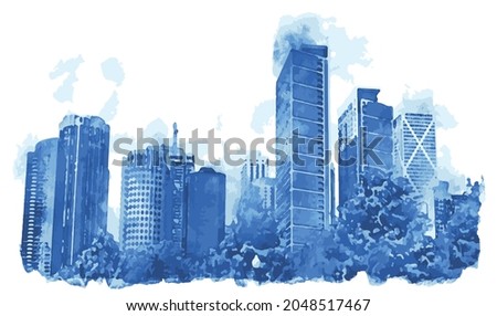 Chicago City skyline silhouette. Blue watercolor cityscape Royalty-Free Stock Photo #2048517467
