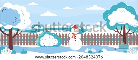Banner with garden landscape at winter time. Trees, bushes, lawn under snow. Backyard of the house with snowman, fence, birds at winter. Countryside landscape. Vector illustration in flat style.