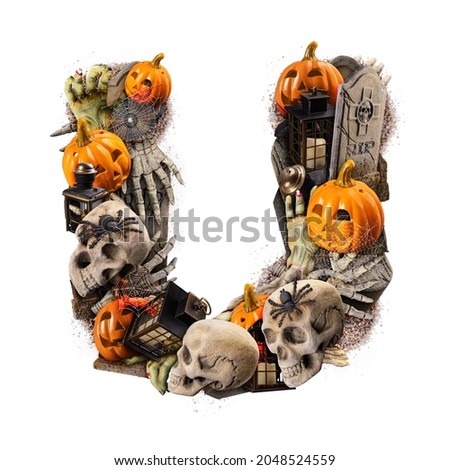 Letter U made of variety Halloween objects isolated on white background