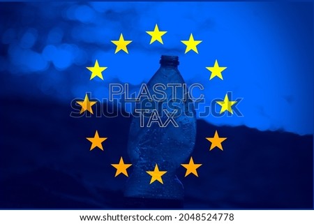 European flag with a plastic bottle in the middle, concept of "plastic tax"