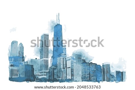 Chicago City skyline silhouette. Blue watercolor cityscape Royalty-Free Stock Photo #2048533763