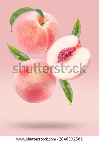 Fresh White Peach fruit with leaf isolated on Peach color background With clipping path, Royalty-Free Stock Photo #2048592581