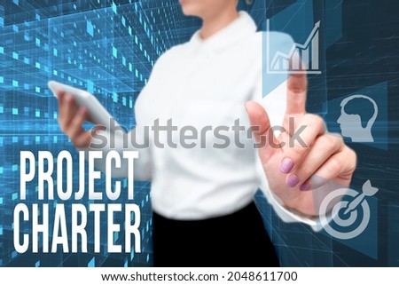 Text caption presenting Project Charter. Conceptual photo typically short formal document that describes your project Lady In Uniform Standing Hold Phone Virtual Press Button Futuristic Tech.